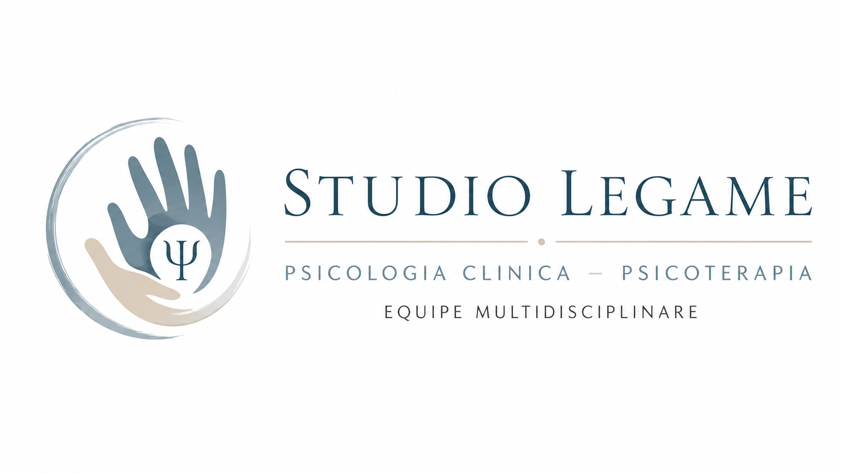 Logo “Studio Legame” con mani stilizzate blu e testo “Psicologia clinica” e “Psicoterapia”.